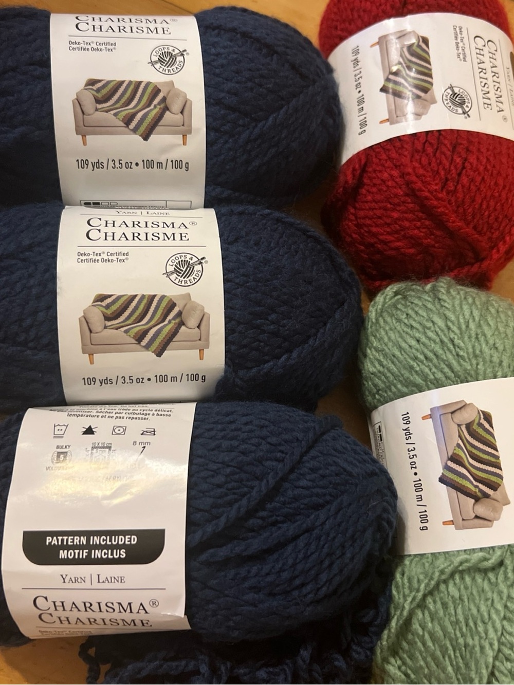 Loops & Threads Charisma Yarn Lot 5 Skeins Bulky 5 Dark Blue Red Sage Green Mix